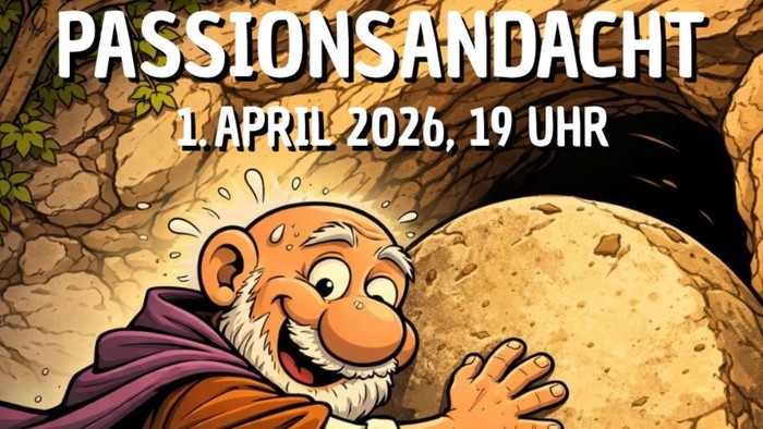 Plakatillustration einer Person, die ein Felstor vor eine Höhle schiebt.