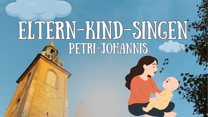 Ein Mutter singt ihrem Baby unter freiem Himmel, im Hintergrund eine Kirche und Wolken