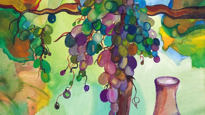 Lebendiges Aquarell einer Weinrebe mit Traubenbüscheln in bunten Farben und einer dekorativen Vase daneben.