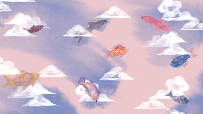 Billedet viser en række farvede fisk, som svømmer i et himmelblå og rosa farvet skyer.