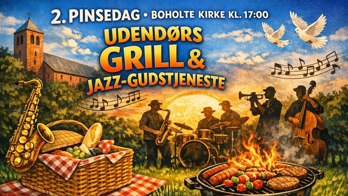 Jazzgudstjeneste og udendørs grillarrangement med musikband og barbecue-opstilling til en kirkelig sammenkomst.