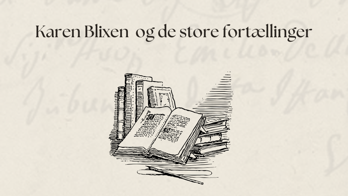 Illustration med Karen Blixen omgivet af bøger og titlen *