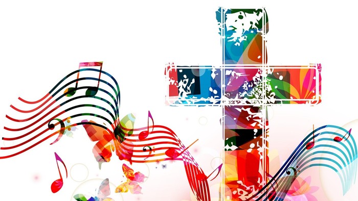 Buntes Kreuz mit Noten und Blumen auf weißem Hintergrund