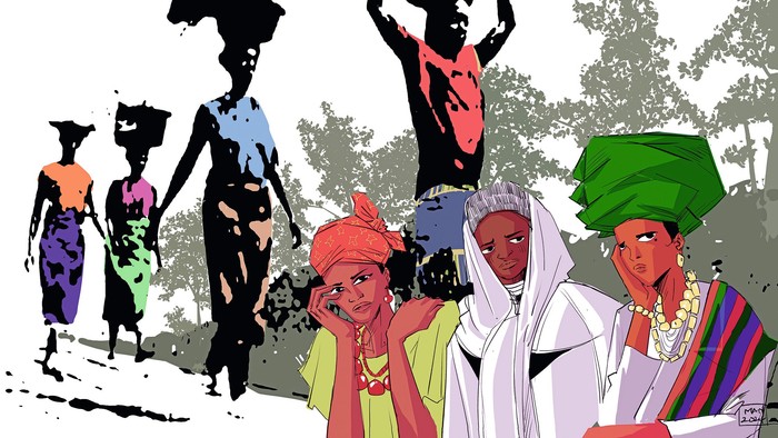 Bunte Illustration verschiedener Menschen, die Lasten tragen und alltäglichen Tätigkeiten in einer ländlichen Umgebung nachgehen.