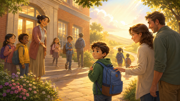 Ein herzerwärmendes Schulabschieds-Szenario mit Familien, die ihre Kinder vor einem hellen Gebäude in der goldenen Stunde begrüßen.