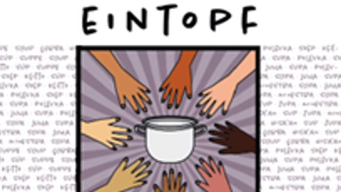 Abbildung eines Bechers, zu dem mehrere Hände greifen, beschriftet mit *„EINTOPE“*.