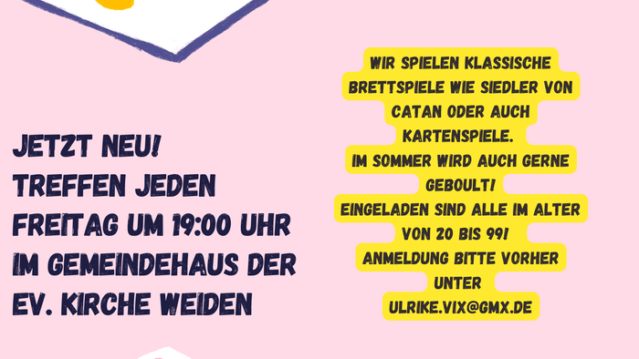 Plakat, das für eine Spieleabend-Veranstaltung mit verschiedenen Brettspielen und Aktivitäten wirbt