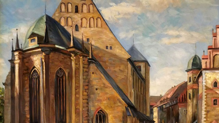 Das Gemälde zeigt eine alte Kirche mit spitzem Turm und einem gewundenen Weg.