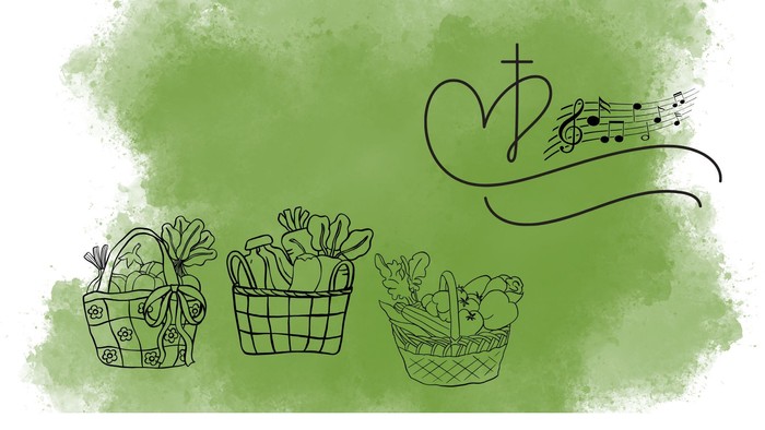 Drei Körbe mit Blumen und ein Notenblatt mit Kreuz