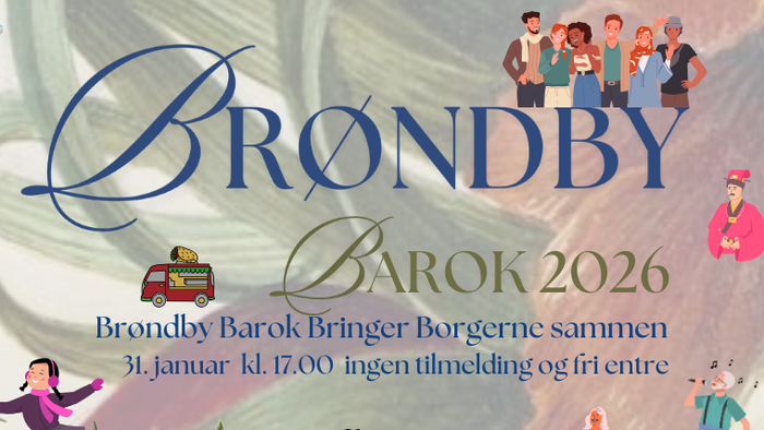 Plakat til Brøndby Barok 2026-arrangementet, der fejrer fællesskabets samvær den 31. januar med gratis adgang og ingen tilmelding nødvendig.