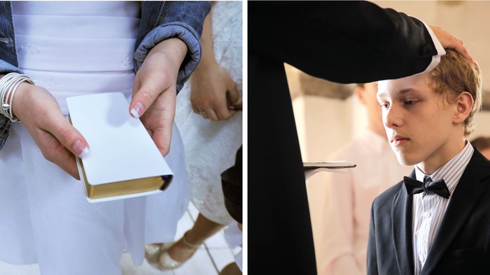 Pige står med salmebog i hånd og en dreng er ved at blive konfirmeret.