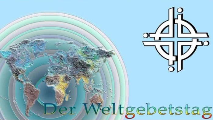 Globales Gebetsevent-Logo mit einer Weltkarte und dem Text *„Der Weltgebetstag“* sowie einem Kreuz-Symbol.