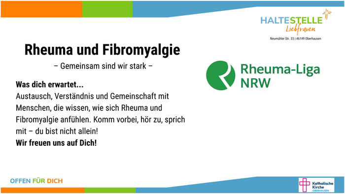 Informationsplakat der Rheuma-Liga NRW mit Angeboten zu Unterstützung, Austausch und Gemeinschaft für Menschen mit Rheuma und Fibromyalgie.
