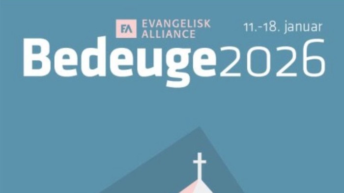 Plakat til reklame for Evangelisk Alliance Bedeuge 2026-arrangementet fra 11.–18. januar med et bjerg og et kors.