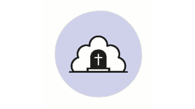 Ein Wolkensymbol mit einem Grabstein, hinter dem sich ein Kreuzzeichen befindet.
