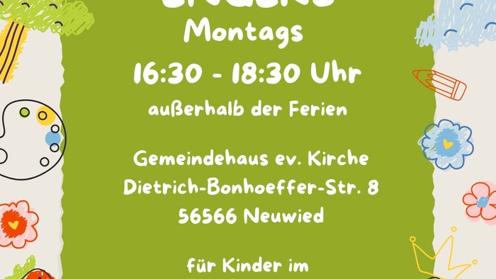 Kindertreff Engers: Montags 16:30 - 18:30 Uhr, Gemeindehaus ev. Kirche Dietrich-Bonhoeffer-Str. 8, 56566 Neuwied, für Kinder im Grundschulalter