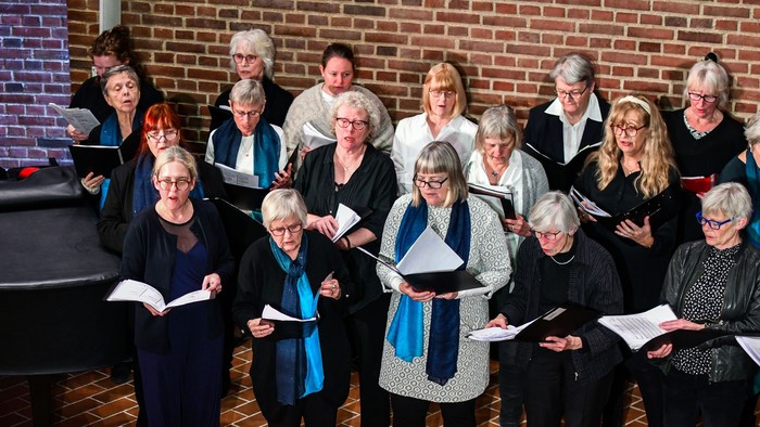 Gruppe af mennesker, der synger i kor, holder nodesarker foran et klaver.