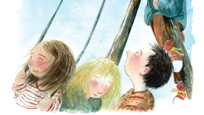 Børnepåskegudstjeneste med børn, der kigger i et teleskop, og efterfølgende grillarrangement.