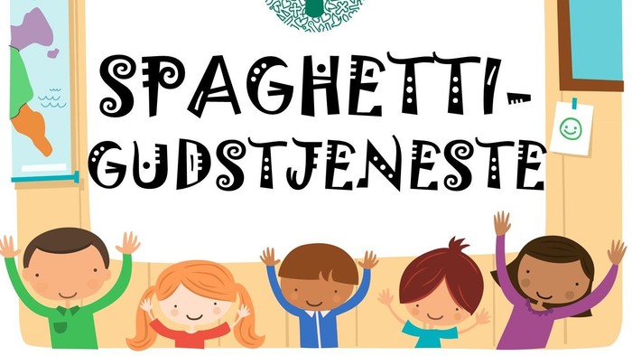 Barnene hygger sig ved skolen med teksten 