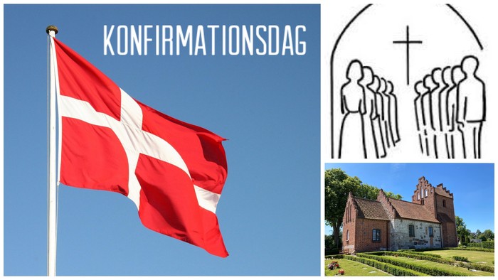 Billedet fejrer Danmarks Konfirmationsdag med et flag, en kirke og symbolske silhuetter af mennesker.