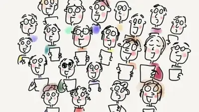 Eine Zeichentrickdarstellung einer Gruppe von Menschen mit verschiedenen Gesichtsausdrücken und Gesten.