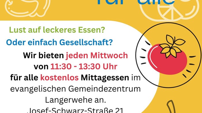Flyer für kostenlose Mittagessen in einer Kirche, mit Bildern von Gemüse und Text in Deutsch