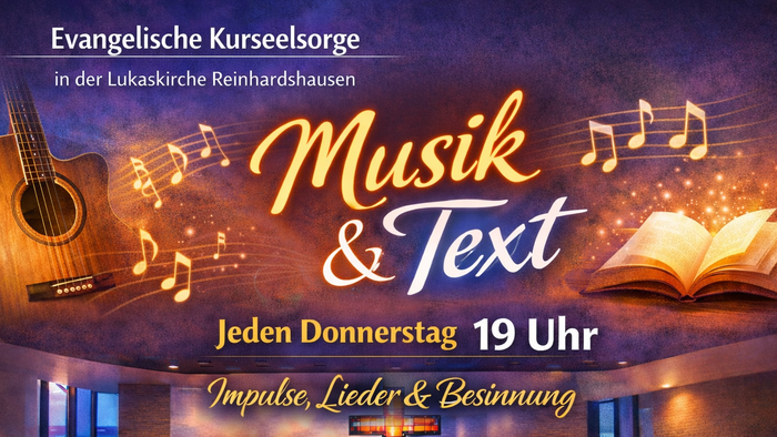 Einladungsplakat für eine wöchentliche Musik- und Textveranstaltung in einer Kirche mit akustischer Gitarre und offenem Buch.