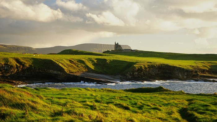 Irische, grüne Landschaft mit Kirchenruine im Hintergrund