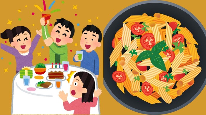 Glædelig familie, der fejrer en fødselsdagsfest med pasta og kage, omgivet af glade konfetti.