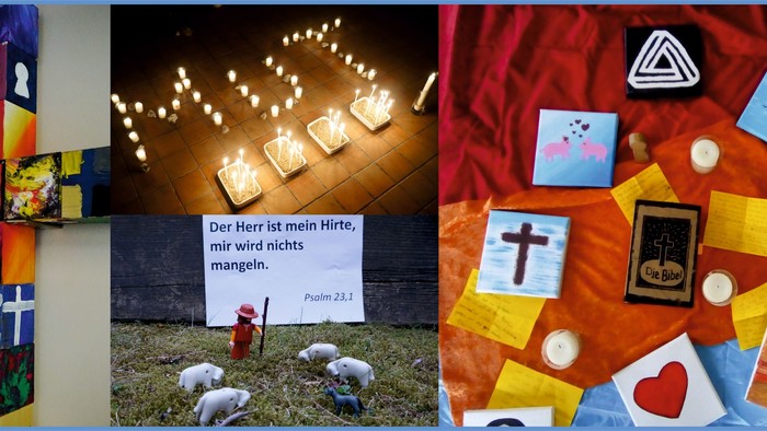 Buntes Kreuz aus Papier, Kerzen und Botschaften, Kinder mit Laternen, Bastelarbeiten mit religiösen Motiven