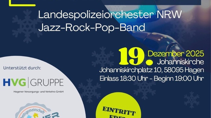Plakat für Weihnachts-Wohltätigkeitskonzert am 19. Dezember 2025 mit Jazz-Rock-Pop-Band, veranstaltet von der Landespolizei NRW, Eintritt frei – Spenden für einen guten Zweck.