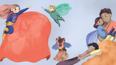 En gruppe superhelte i farverige kostumer flyver og ståer på en klippe.