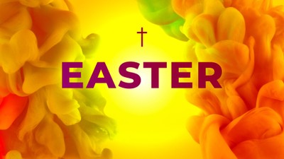 Bright Easter graphic with flowers and cross