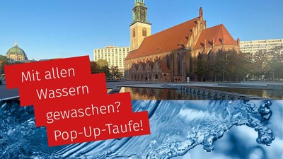 Bild einer Kirche mit Wasserspeier und Text in Rot