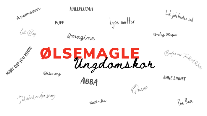 Billedet viser forskellige sangtitler og kunstnere i en stiliseret ordsky-form, hvor 