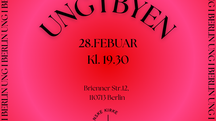 Plakat for en dansk kirkearrangement i Berlin den 28. februar kl. 19:30.
