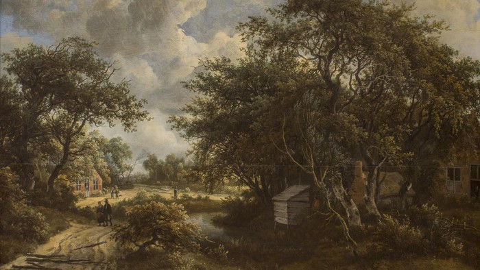 En rolig landskabsscene med en slyngende sti, træer og stormfulde skyer over rustikke hjem.