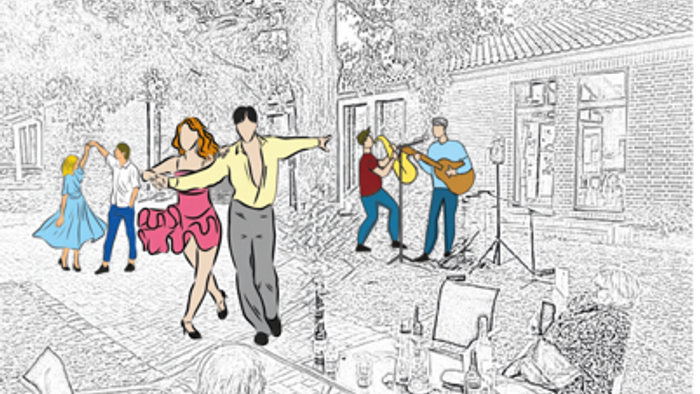Ein lebhaftes Treffen im Freien mit Menschen, die tanzen, sich unterhalten und Musik in der Nähe eines rustikalen Gebäudes genießen.