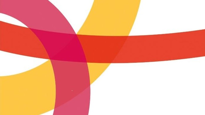 Abstrakte, überlappende geschwungene Formen in lebendigen Rosa-, Orange- und Gelbtönen.