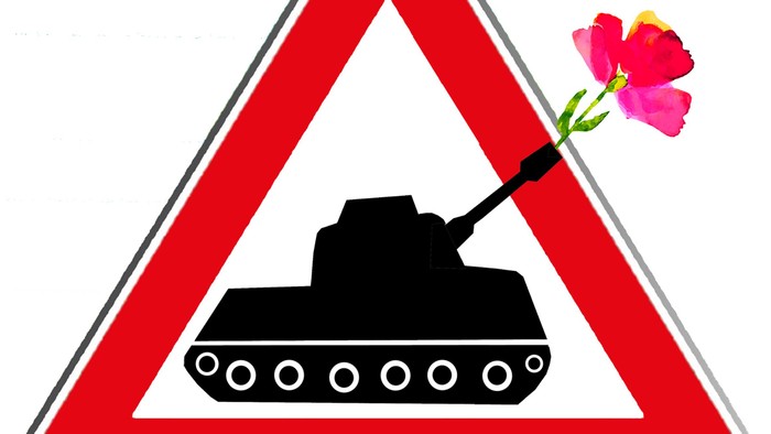 Warnschild mit einem Panzer, aus dessen Turm eine verspielte pinke Blume sprießt.
