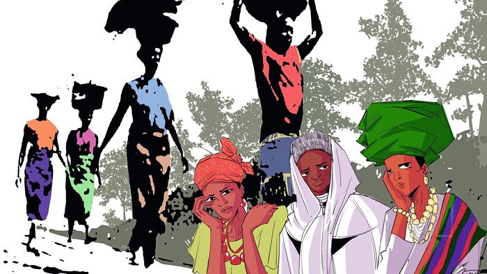 Illustration einer vielfältigen Gruppe von Menschen, die Gegenstände auf ihren Köpfen tragen und bunte Kleidung tragen.