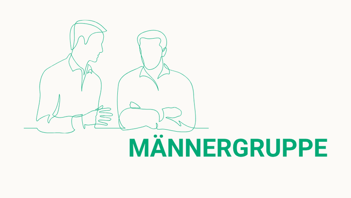 Zeichnung die zwei Männer im Gespräch zeigt, mit dem Wort „MÄNNERGRUPPE“ darunter.