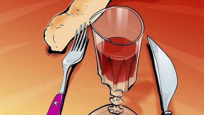 En tegnede illustration af en person med en gaffel i munnen og en kniv og glas med drikke ved siden af