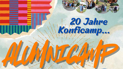 Jubiläumsplakat zum 20-jährigen Bestehen des Alumni-Konficamps mit bunten Grafiken und Veranstaltungsdetails.