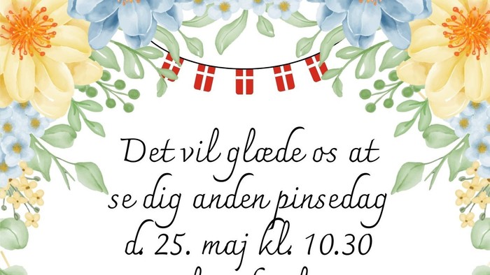 Indbydelseskort til festlig udendørs fødselsdagskirkegudstjeneste med forfriskninger på pinsedag.