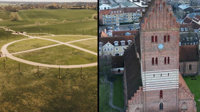 Collage med vikingeborgen Borgring og Køge Kirke