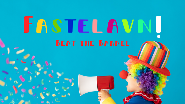 En klovn fejrer fastelavn med en megafon, omgivet af konfetti og festlig tekst.