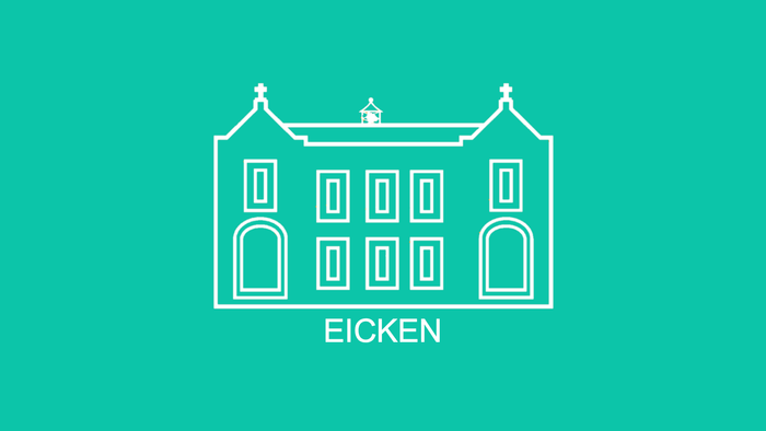 Eine minimalistische weiße Strichzeichnung eines prächtigen Gebäudes mit der Beschriftung „Eicken“ auf einem türkisfarbenen Hintergrund.