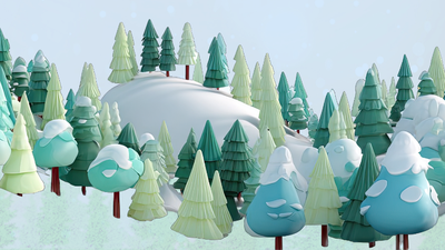 En fantasiful vinterskovsscene med sneklædte træer, svampe og tekander langs en snedækket sti.