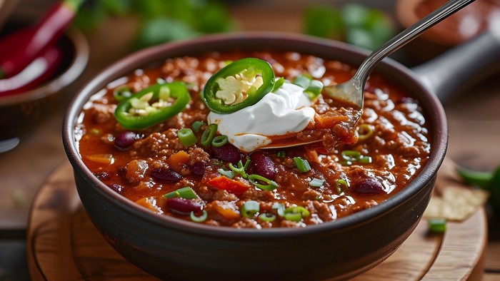 En skål chili toppet med creme fraiche og jalapenos.